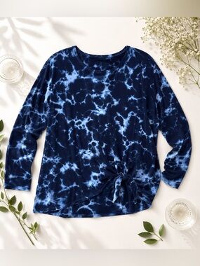 Duffield Lane Navy Blue Tie Dye Front Knot Long Sleeve Top Size Small - Amazing
